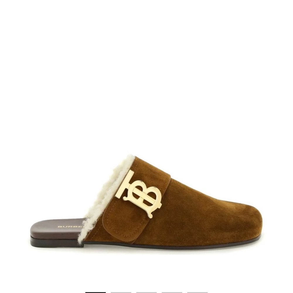 Burberry Logo Plaque Shearling Mules